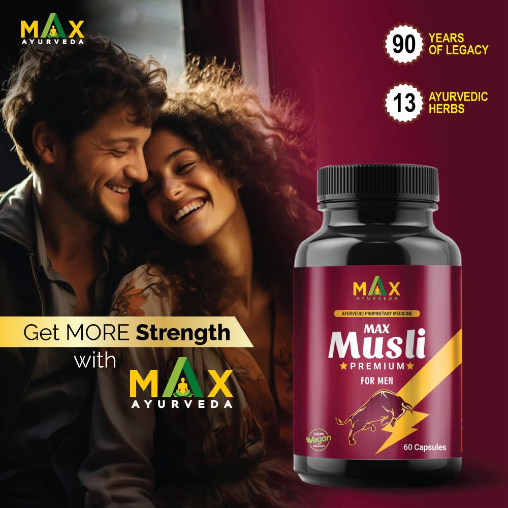 Max Ayurveda Musli Premium Capsules & King Power Ayurvedic Herbal Massage Oil For Men - Combo Pack (30 Capsules + 1 Oil Bottle)