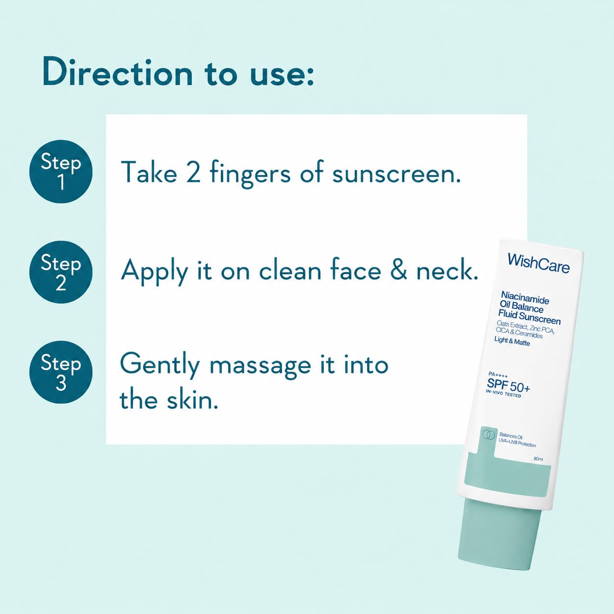 WishCare Niacinamide Oil Balance Fluid Sunscreen SPF 50 PA++++, 80ml | In-Vivo Tested, Lightweight & No White Cast, Photostable Sunscreen For Oily Skin with 8Hrs+ SPF Protection, For Women & Men