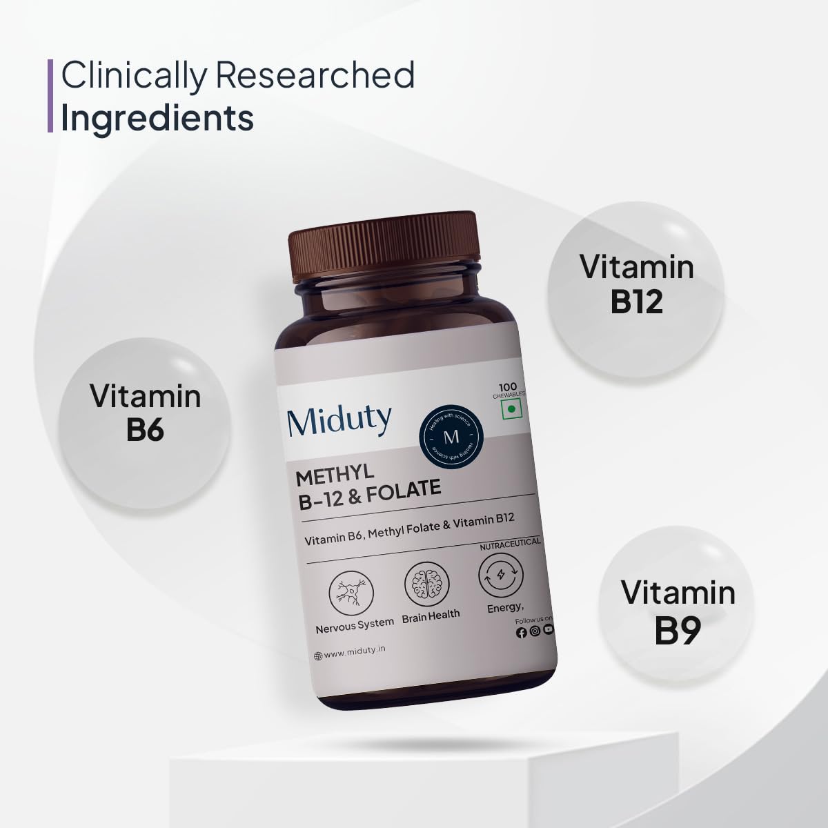 Miduty Palak Notes Vitamin B12 Supplement with Methylcobalamin - Folate - Vitamins B6 - Chewable Tablets - 60 Chewables - Vitamin B 12 - Vitamin Tablets for Optimal Health Men & Women