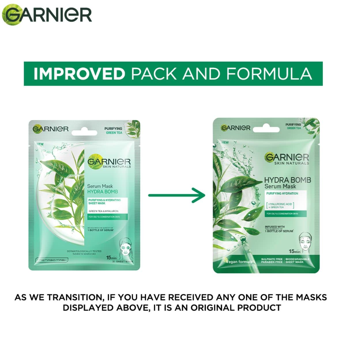 Garnier serum mask packaging with text about improved pack and formula.