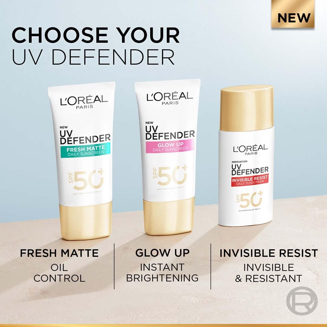 L'Oreal UV Defender sunscreen products with different textures on a light background