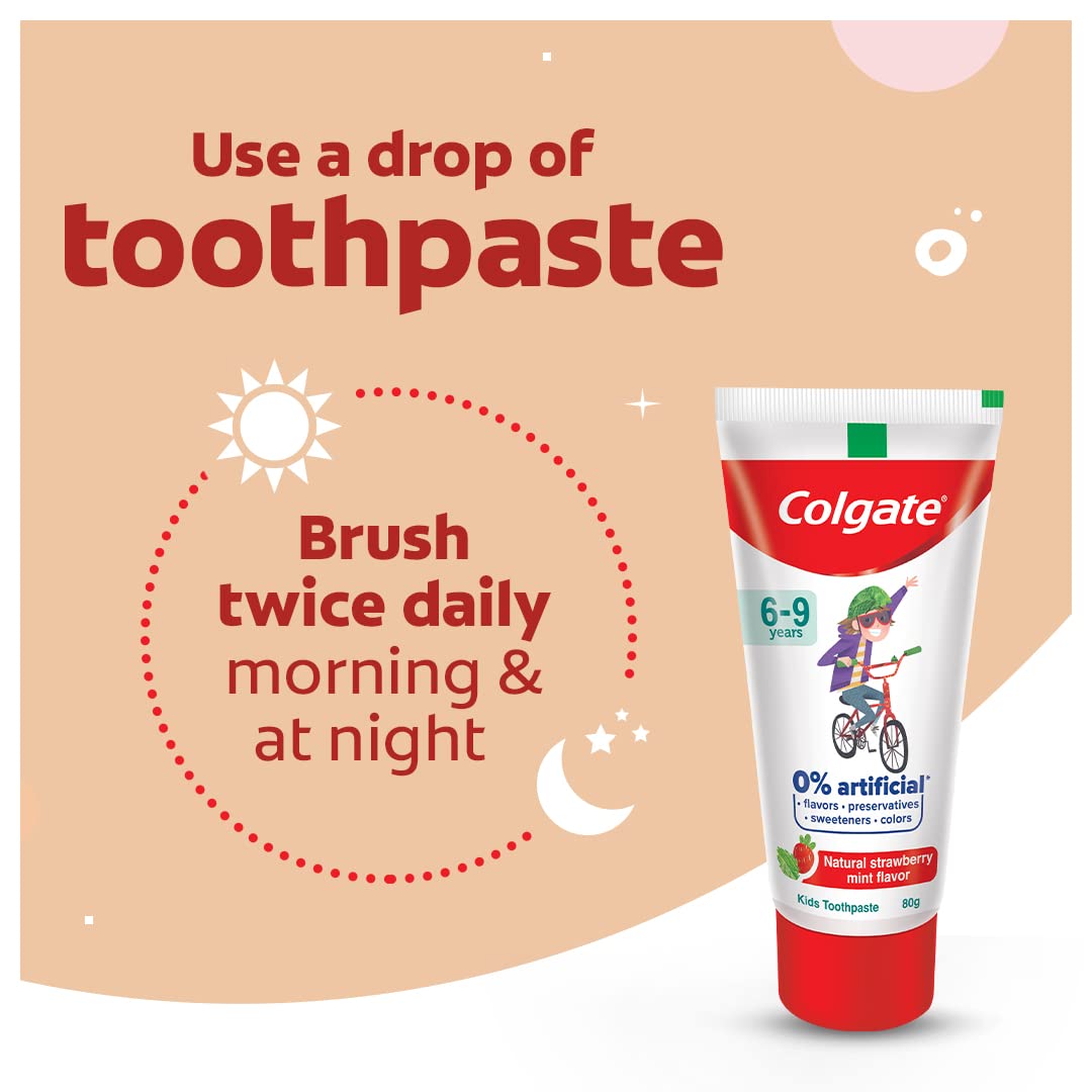 Colgate Kids Toothpaste with 0% Artificial Preservatives, Colours, Sweeteners for Whitening (6-9 Years, Natural Strawberry Mint Flavour - 80g Tube)