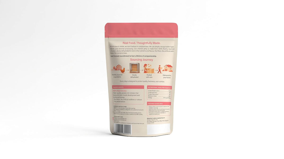 Whisker and Wilde Dehydrated Chicken Jerky | Dog Treats | Training and Reward | Dental Chew | Muscle Support | No Preservatives | 70g (Natural Chicken)