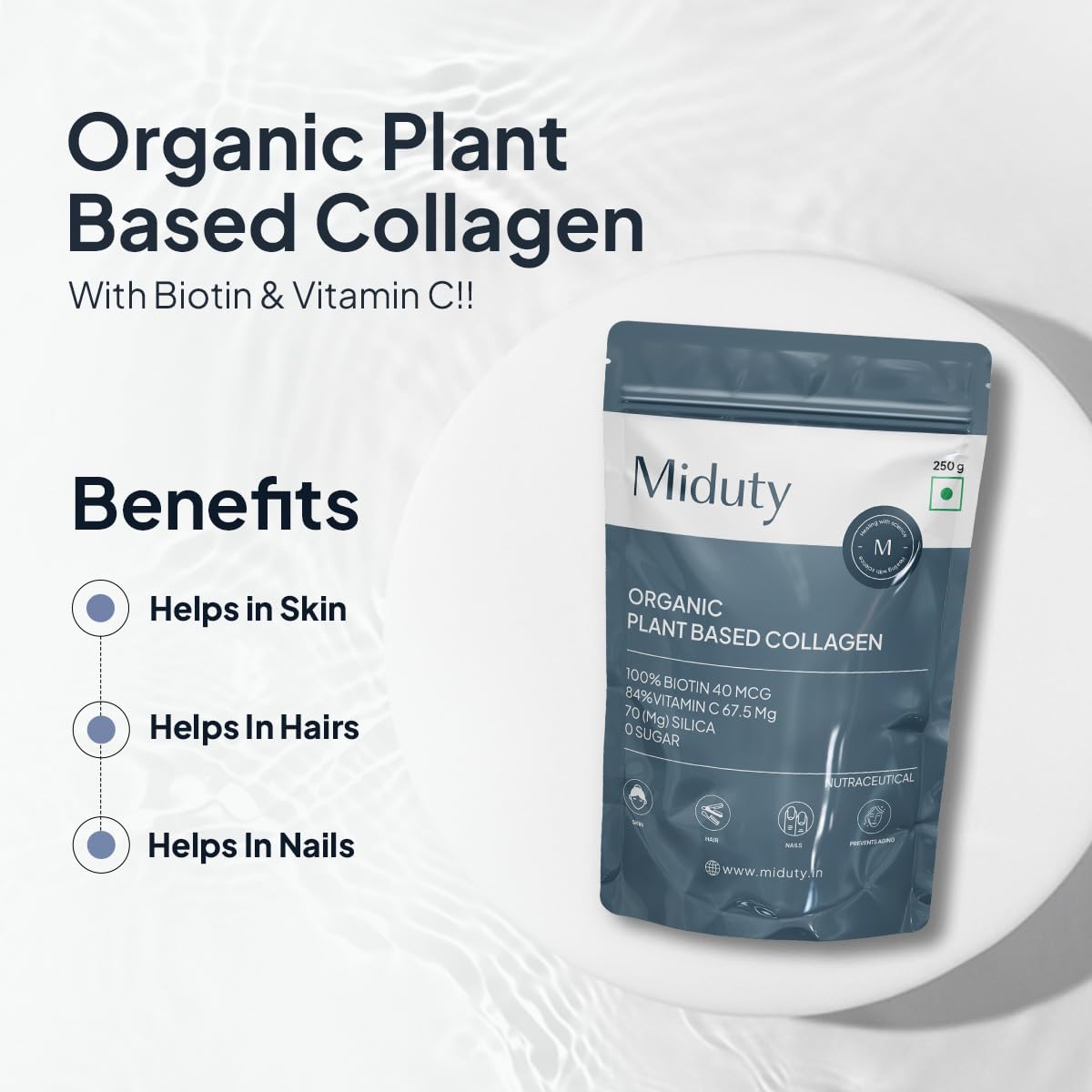 Zephivo Miduty by Palak Notes Organic Collagen Powder, collagen supplement, Skin, Hair & Nails, Skin Nourshing Formula, Plant based collagen, Organic Collagen Powder Pack - 250gm