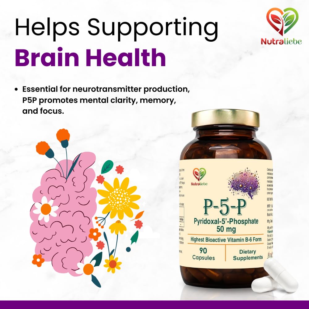 Nutraliebe P5P (Pyridoxal 5’- Phosphate) – Active Vitamin B6 for Energy, Brain Function, and Nervous System Support – 90 Capsules