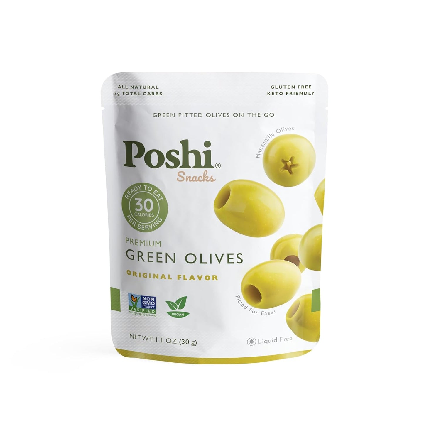 Poshi Green Olives On-The-Go - Single Serve Pitted Olives - Convenient and Healthy Snack Packs - All Natural, Non-GMO, Kosher, Gluten-Free - 1.1 Oz