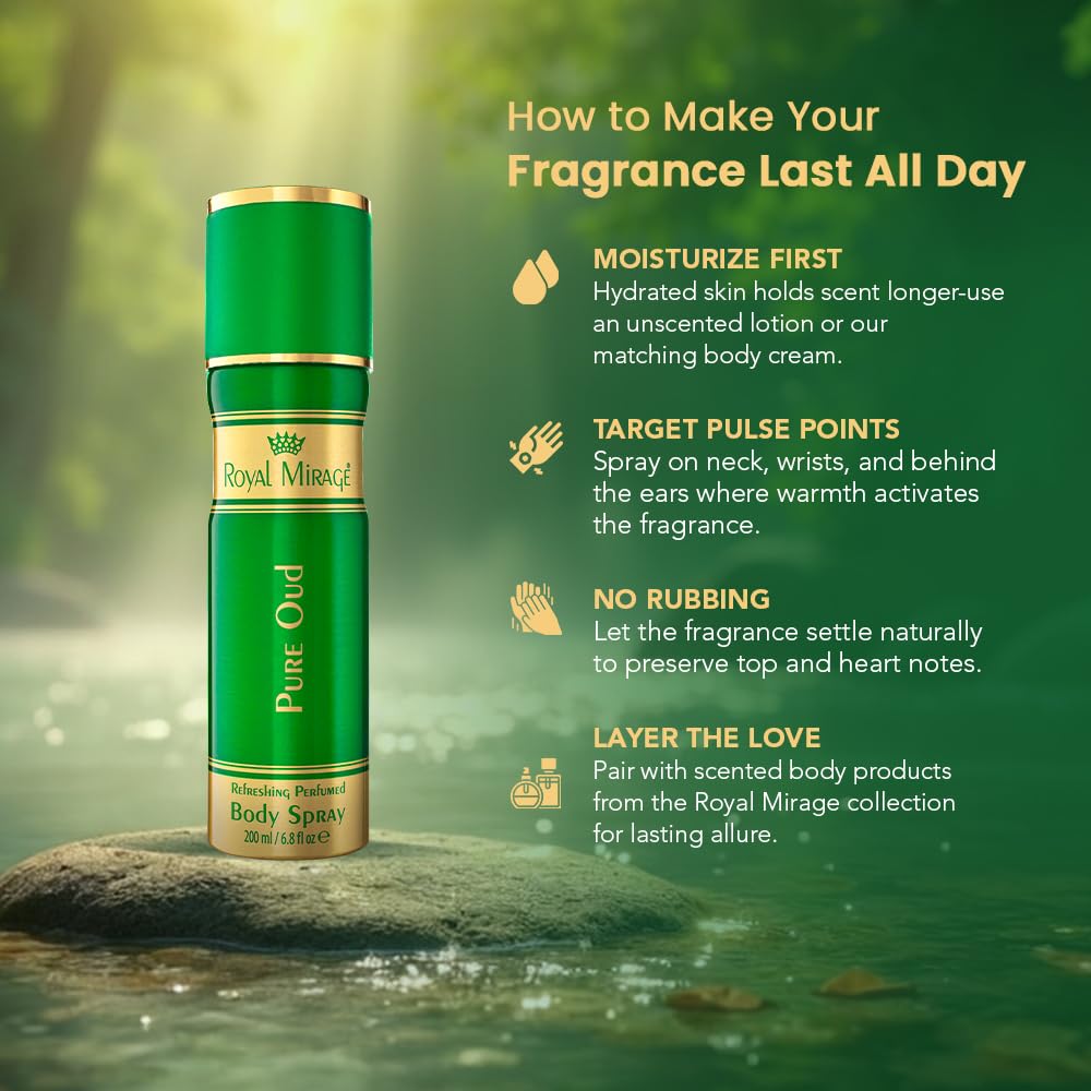 Green body spray can with instructions on how to make fragrance last all day, set against a natural background.