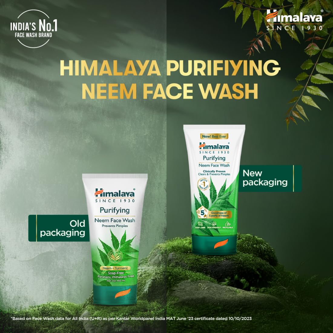 Himalaya Purifying Neem Face Wash with old and new packaging on a green natural background