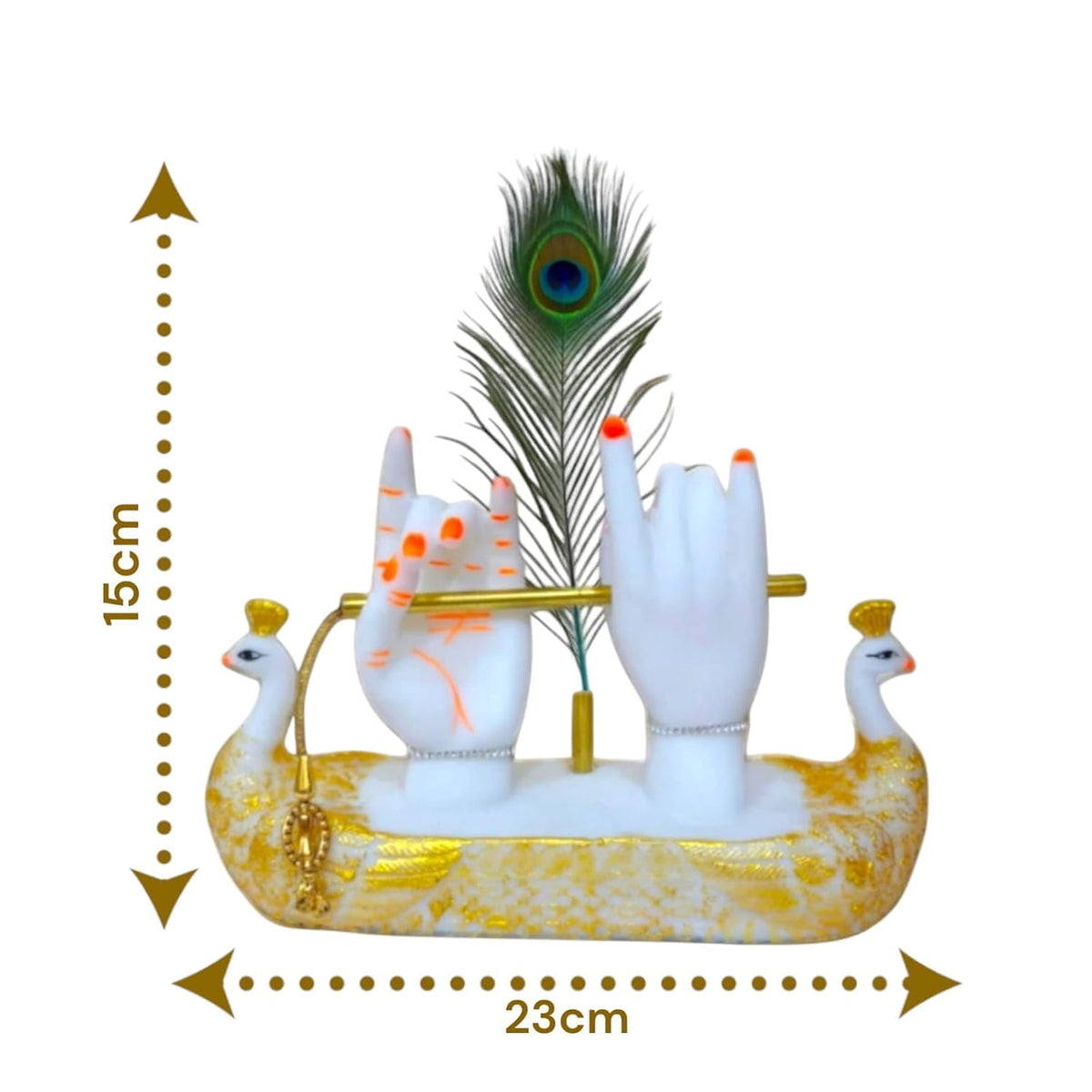Krishna Hands with Flute Idol, Divine Hand Statue with Peacock Feather, White and Gold Decorative Figurine