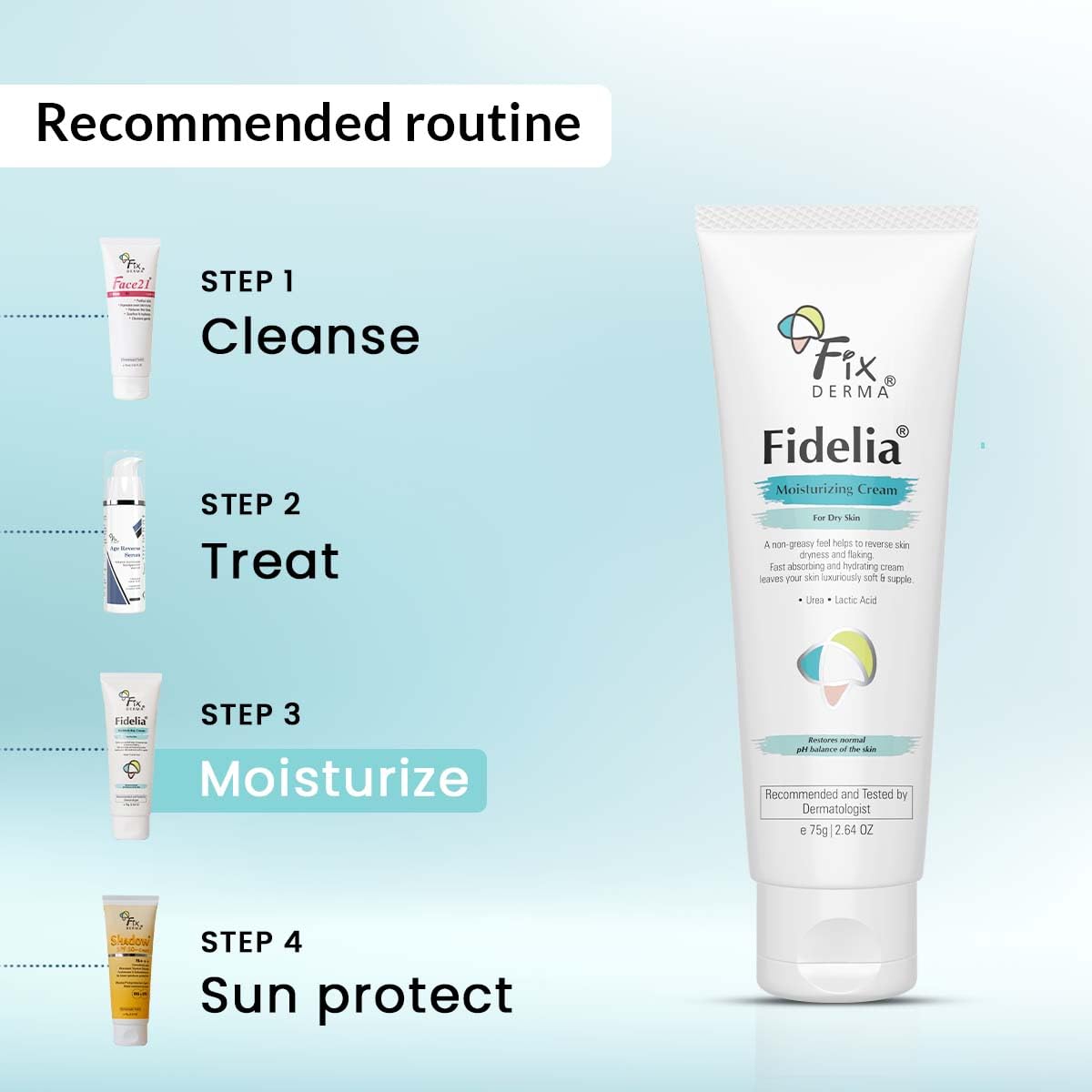 Fixderma Fidelia Moisturizing cream | Daily Moisturizer for Dry & chapped skin | Provides Hydration and Moisturization, Non-Comedogenic & Non-Greasy formulation - 75 gm