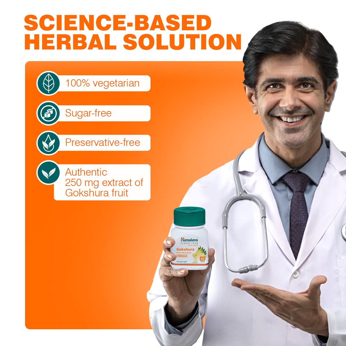 Doctor holding a supplement bottle with product features listed on an orange background