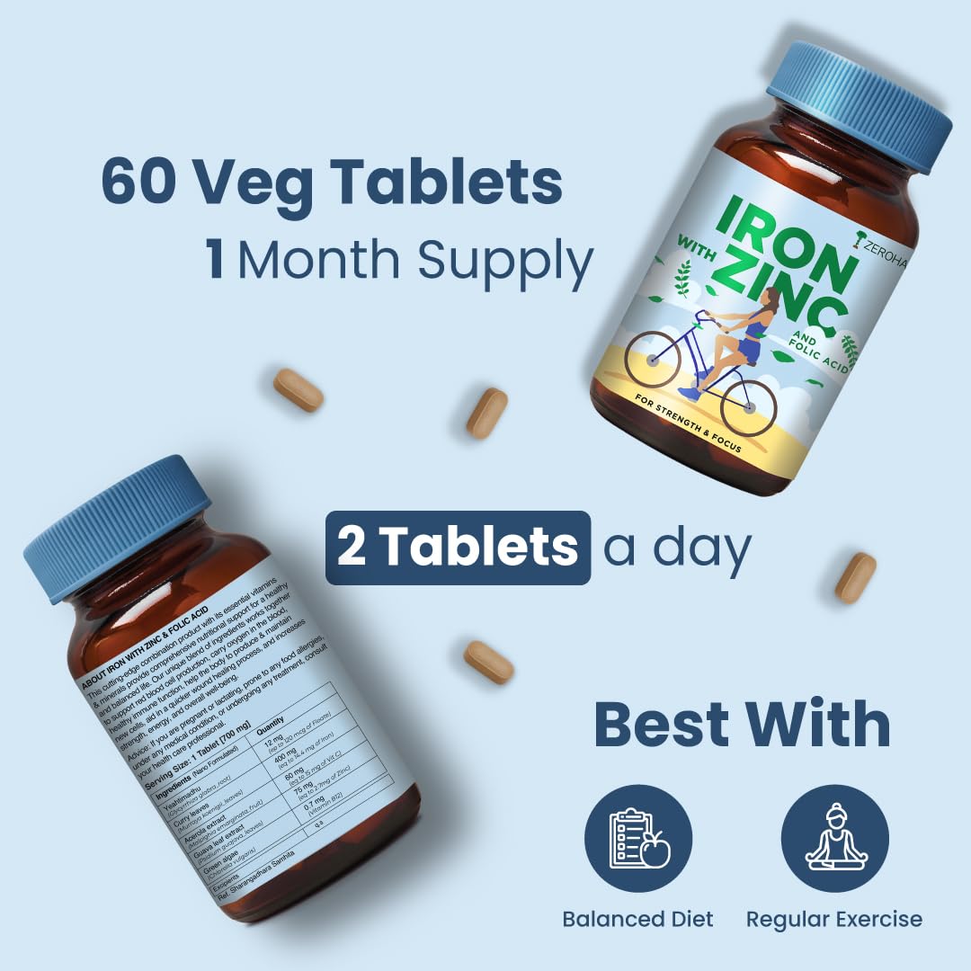 ZEROHARM Iron, Zinc, Folic Acid & Vitamin B12 Tablets | Curry Leaves, Guava, Acerola Cherry | Boosts Hemoglobin Levels | Antioxidant & Immunity Support | Iron Supplement for Men, Women | 60 Tablets