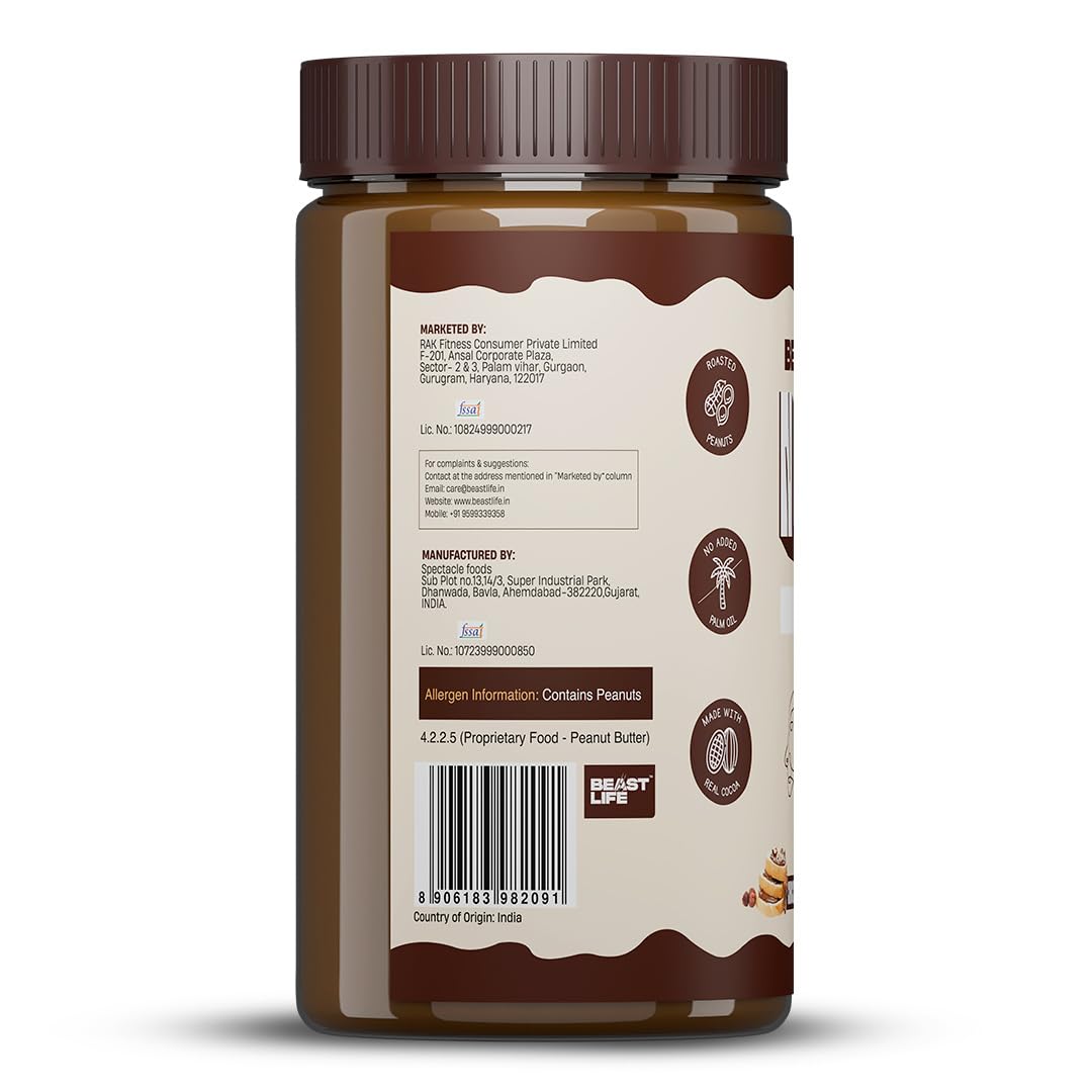 BeastLife Crunchy Chocolate Peanut Butter | 24.5 G Protein | 800 gm | 100% Peanuts, High Protein | Zero Palm Oil | NonโGMO Nut Butter | Fitness-Friendly Spread | Zero Cholesterol