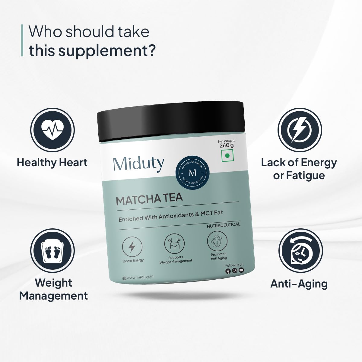 Zephivo Miduty by Palak Notes Matcha Tea - Detoxifying Drink, Fat Burner - Energy Booster, Weight Management - Promote Anti Aging & Gut Health, MCT Fat - L-Theanine With Coconut Milk - Vanilla flavour - 260g
