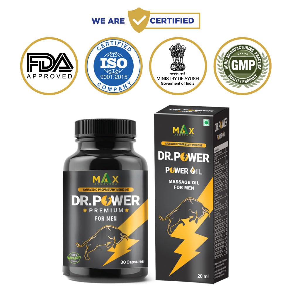 Max Ayurveda Dr Power Premium Capsules and Massage Oil For Men (30 Capsules + 20ml Oil Bottle) Combo Pack