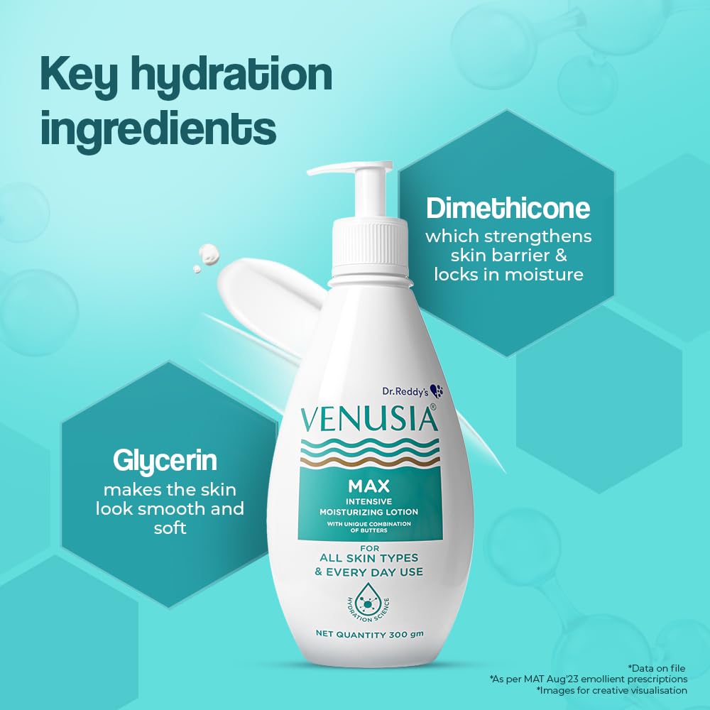 Dr. Reddy's Venusia Max Intensive Moisturizing Lotion | Dermatologist Recommended | Clinically Proven, Long-Lasting Moisturization | For Normal to Very Dry Skin | Cocoa Butter, Shea Butter, Mango Butter and Aloe Butter | 300 g