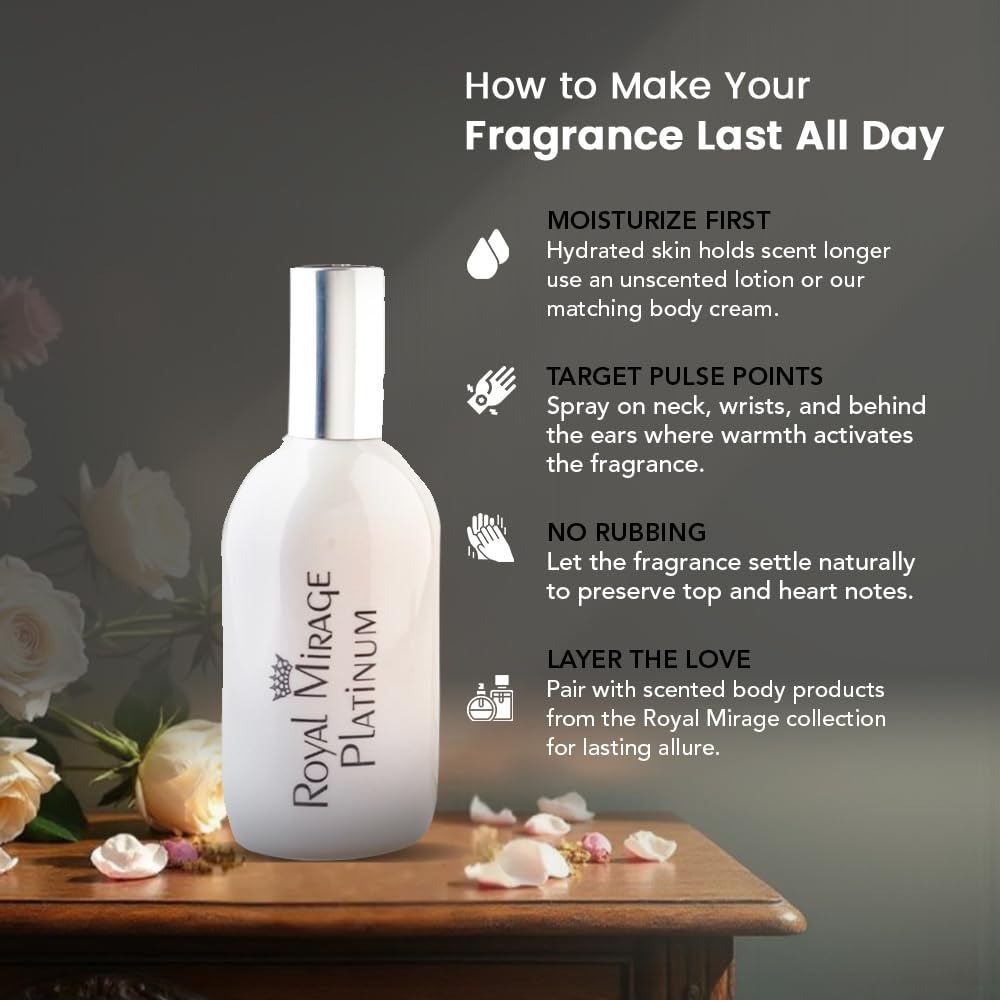 Royal Mirage Platinum Eau de Cologne | Long Lasting Perfume for Men & Women | Floral & Woody Fragrance | Bergamot, Jasmine & Sandalwood Notes | Unisex EDC | 120ml