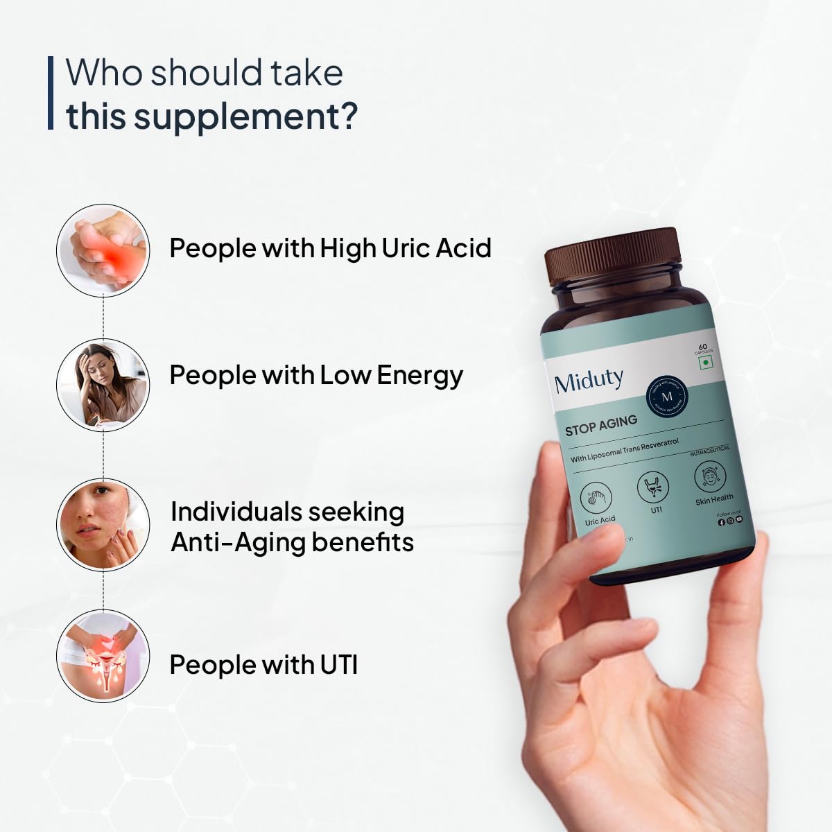 Zephivo Miduty Stop Aging Powerful Antioxidant Formula to Slow Down Aging, Anti Aging Supplement for Youthful Skin - Anti Aging Capsules, Resveratrol Active Ingredient - Pack of 60