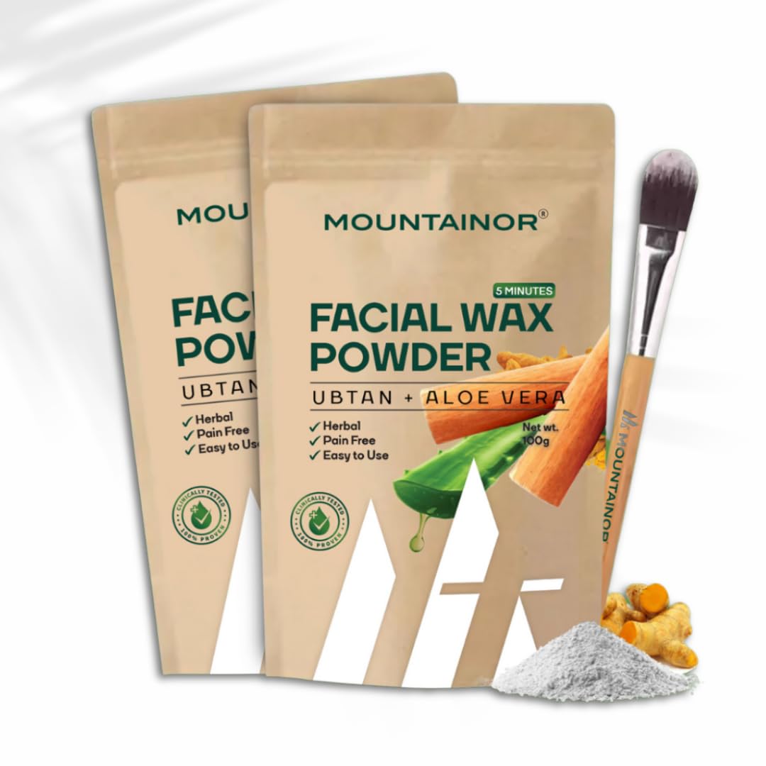 Two packages of Mountainor Facial Wax Powder with a brush and ingredients on a white background