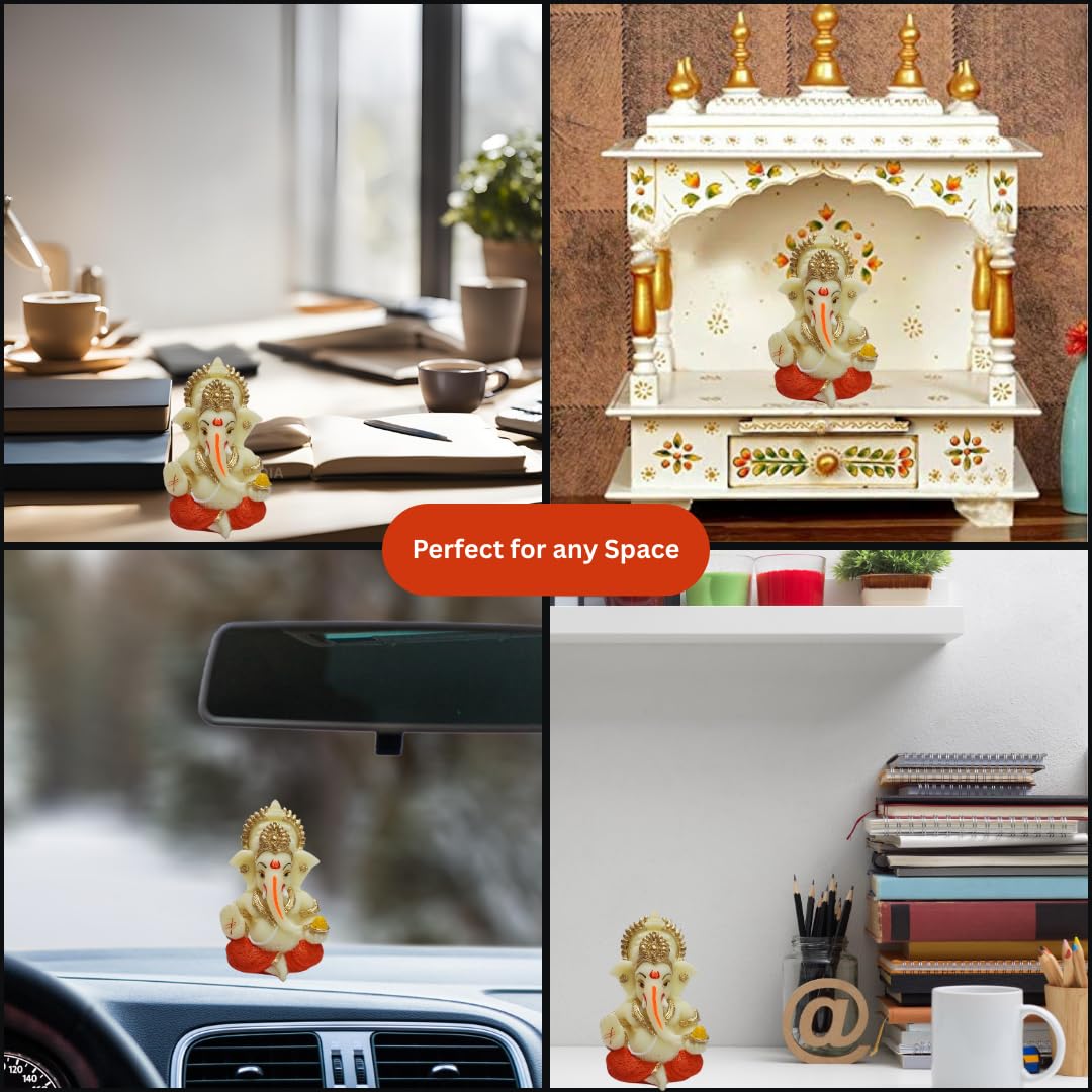 Gold Art India Resin Lord Ganesha Idol for Car Dashboard, Home, Office | Ganpati Statue for Mandir Decor | Handcrafted Ganesh Murti (Red & Ivory)