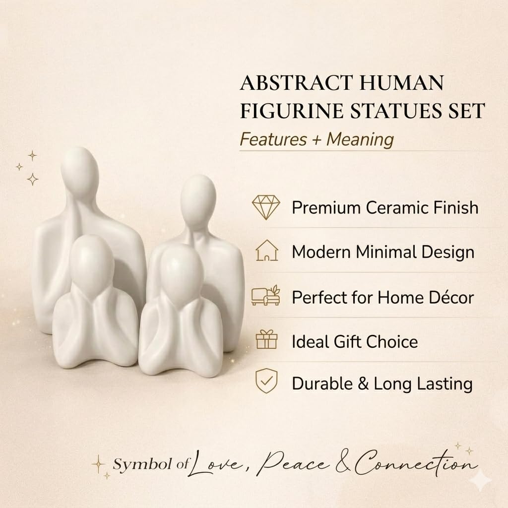 Ceramic Family Statue Set of 4 – Home Decor Items for Living Room, Bedroom, Office & Table Artifact (White)