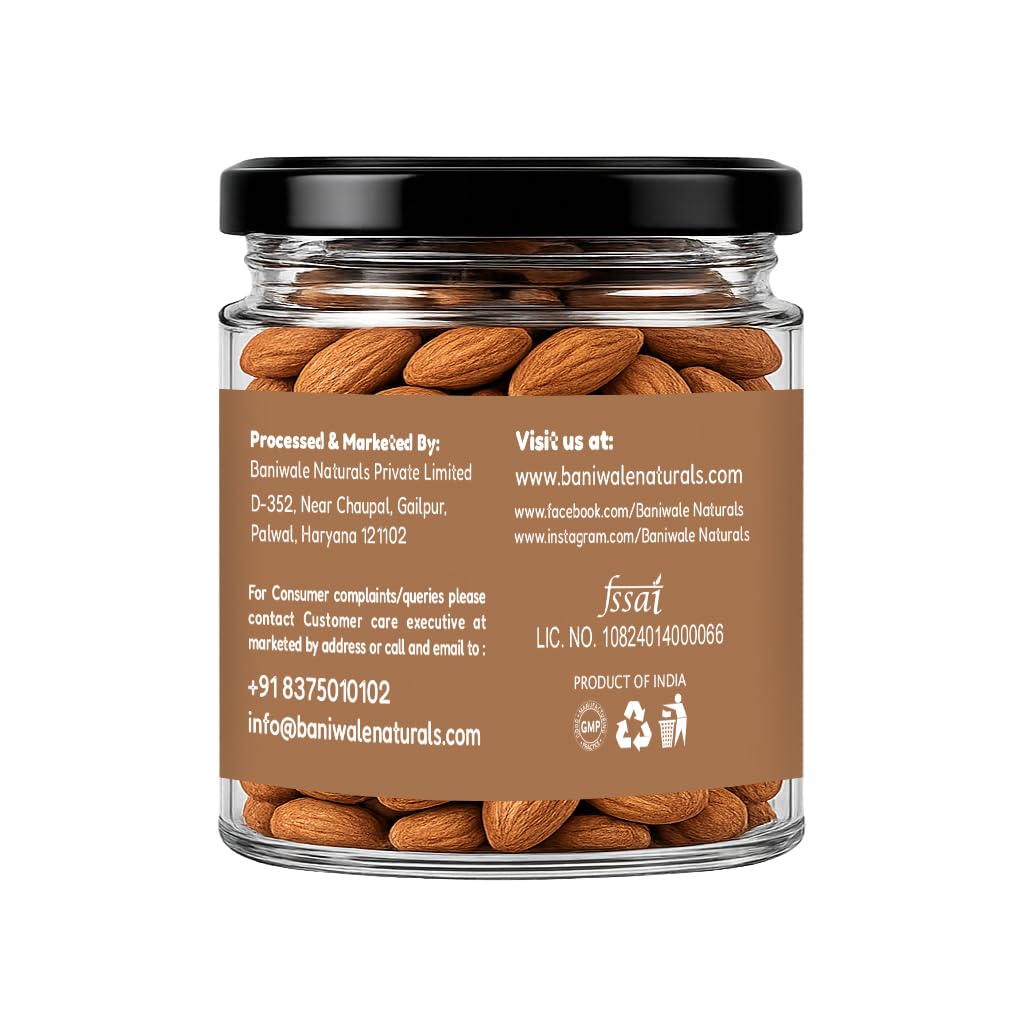 Baniwale Pure California Almonds/Badam Whole, 150g, Real Nuts, High in Fiber, Badam Giri, Rich in Protein, Magnesium, Phosphorus and Dietary Fibre, Nuts & Dry Fruits, Value Pack