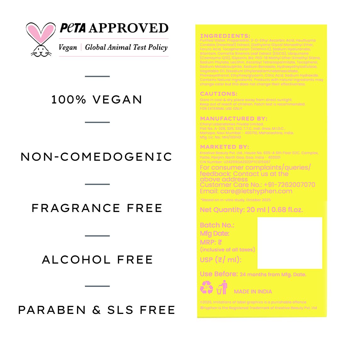 Product label with PETA approval, vegan, and safety information on a white background.