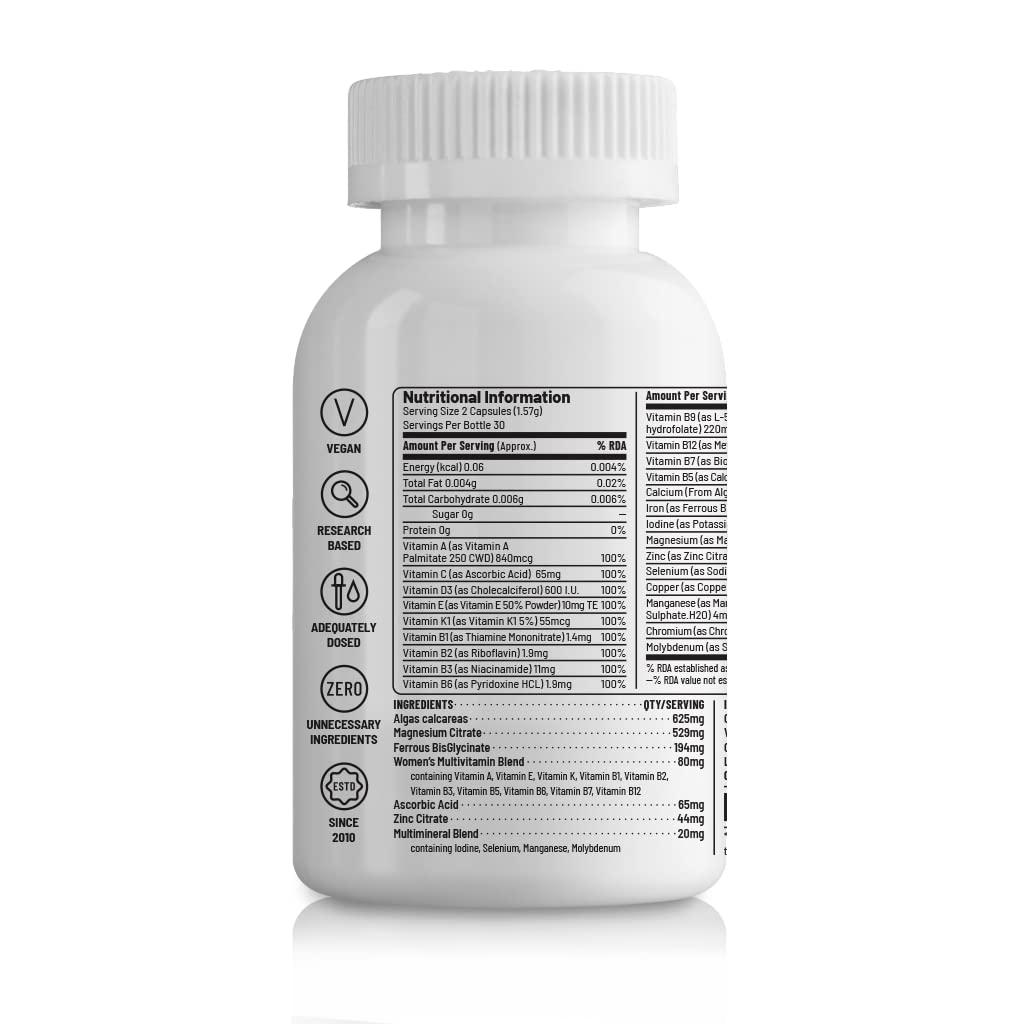 Zephivo Unived Basics Multivitamin & Minerals For Women, 100% Rda Of All Vitamins With Algae Calcium & Plant-Based Vitamin D3 Plus Important Minerals, Complete Formulation For Health & Wellbeing - Capsule