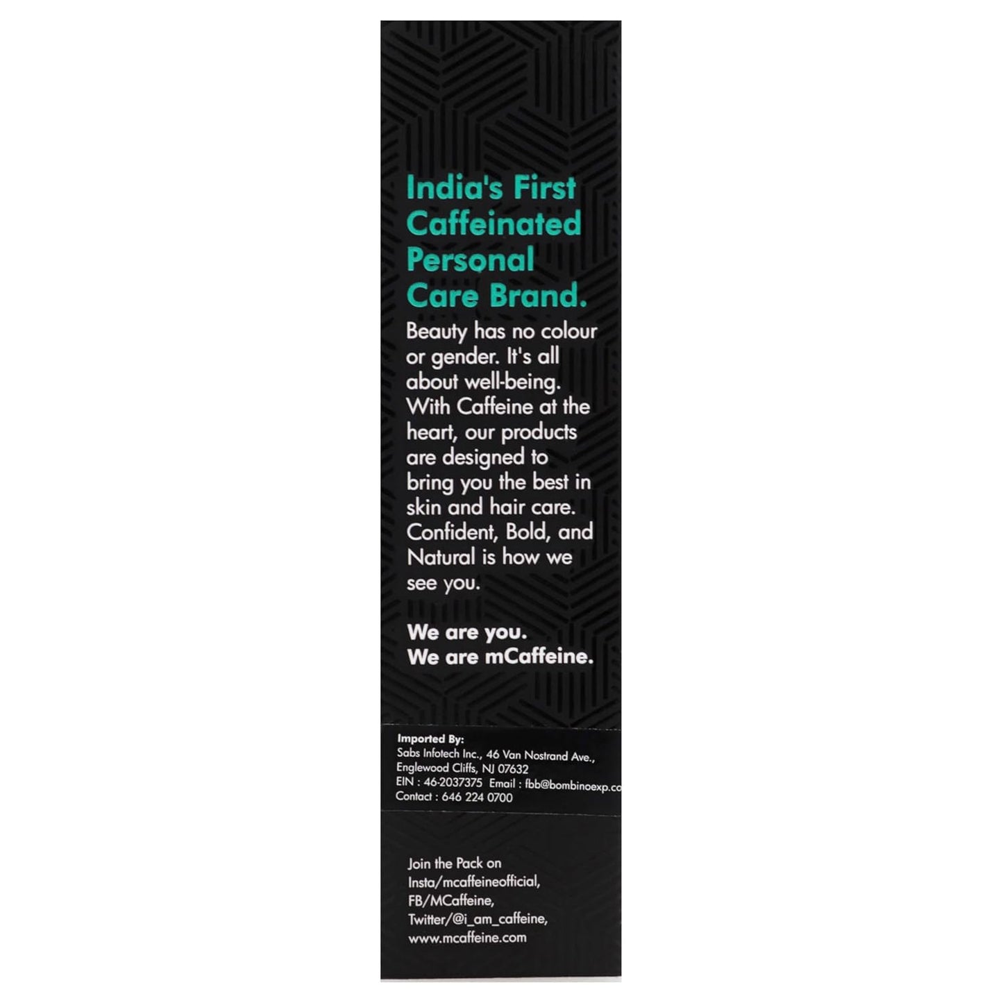 Black label with text about mCaffeine, a personal care brand, on a white background