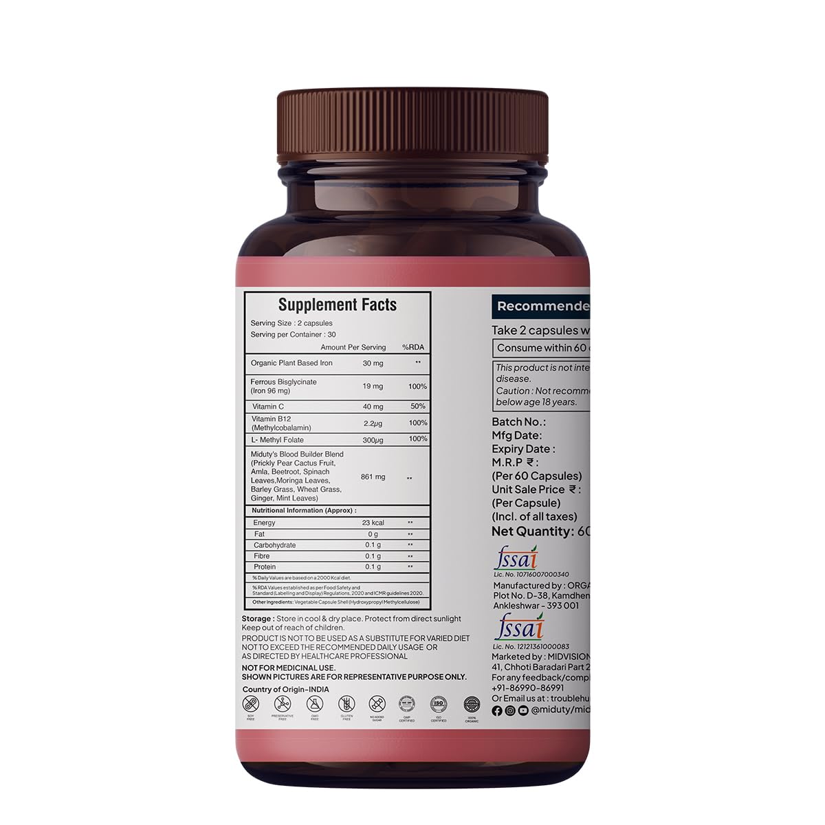 Zephivo Miduty by Palak Notes Organic Blood Builder, Anemia Supplement, Green Amla, Barley Leaves, Beet Root, Organic Iron Supplement, Hemoglobin Booster, Increase HB, Organic Blood Builder Pack - 60 Caps