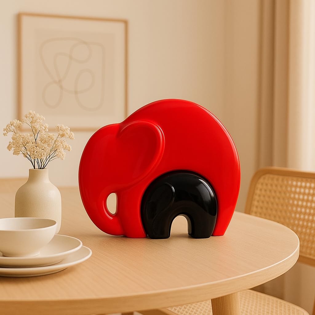 Home Décor Lucky Charm Elephant Mother & Child | Piano Finish Ceramic Figures - (Set of 2 Piece, Red and Black)