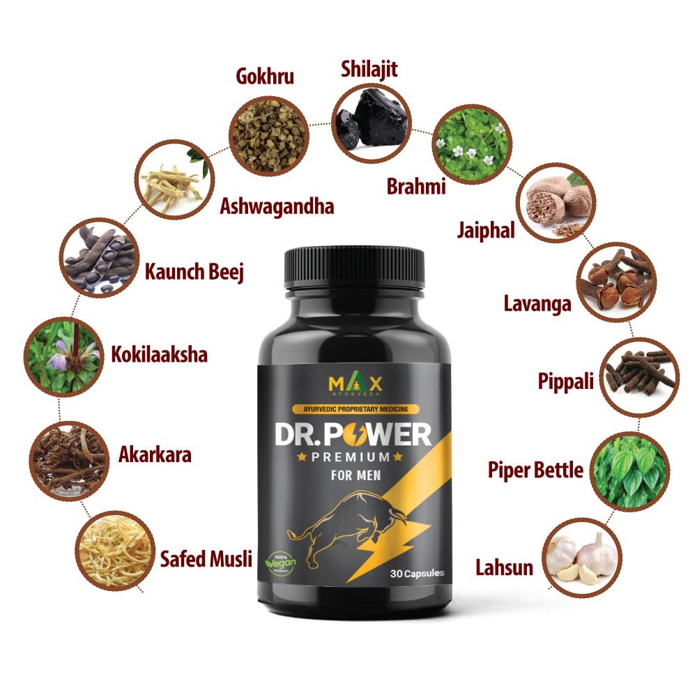Max Ayurveda Dr Power Premium Capsules and King Power Massage Oil For Men (30 Capsules + 20ml Oil Bottle) Combo Pack