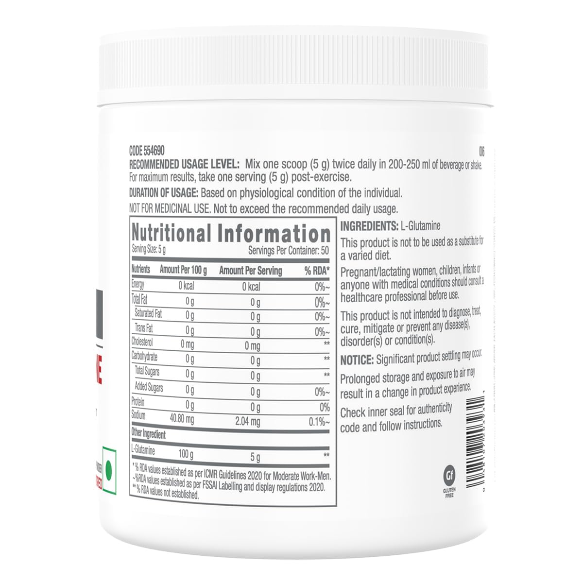 Zephivo GNC Pro Performance L-Glutamine 5000 mg | 250 gm | 50 Servings | Key Amino Acid For Faster Recovery | Boosts Immunity | Supports Intestinal Function | Lactose Free | Zero Gluten | Unflavoured