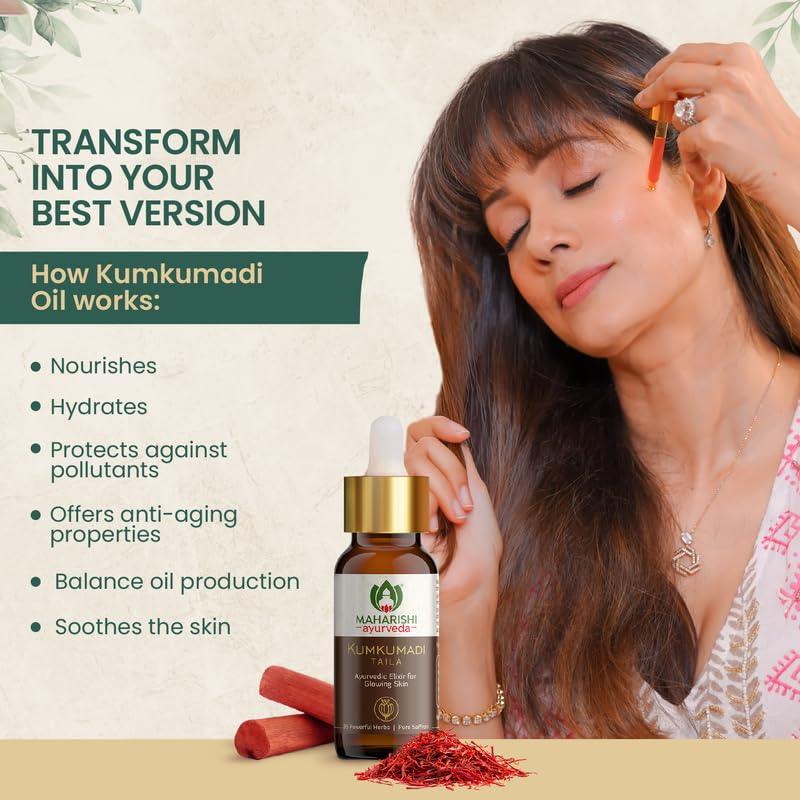Zephivo Maharishi Ayurveda Kumkumadi Tailam 10 ml, Face Serum Oil for Glowing Skin and Even Complexion Made with Potent Herbs Ideal for All Skin Types and No Side Effects