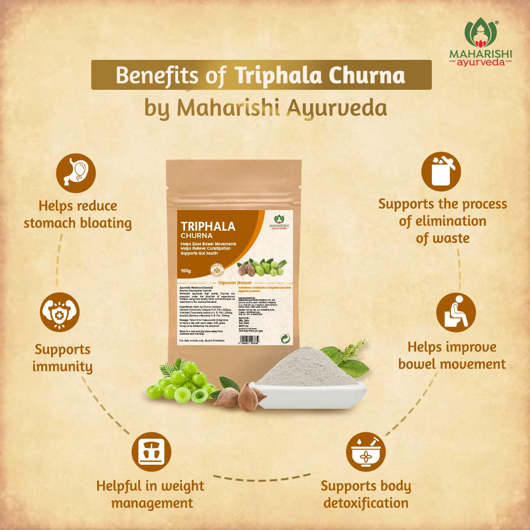 Zephivo Maharishi Ayurveda Triphala Churna 100 gm | Triphala Powder with Haritaki, Amalaki, Vibhitaki | For Bowel Movement | Relieves Constipation | For Digestion, Gut Health, Gas & Acidity Relief