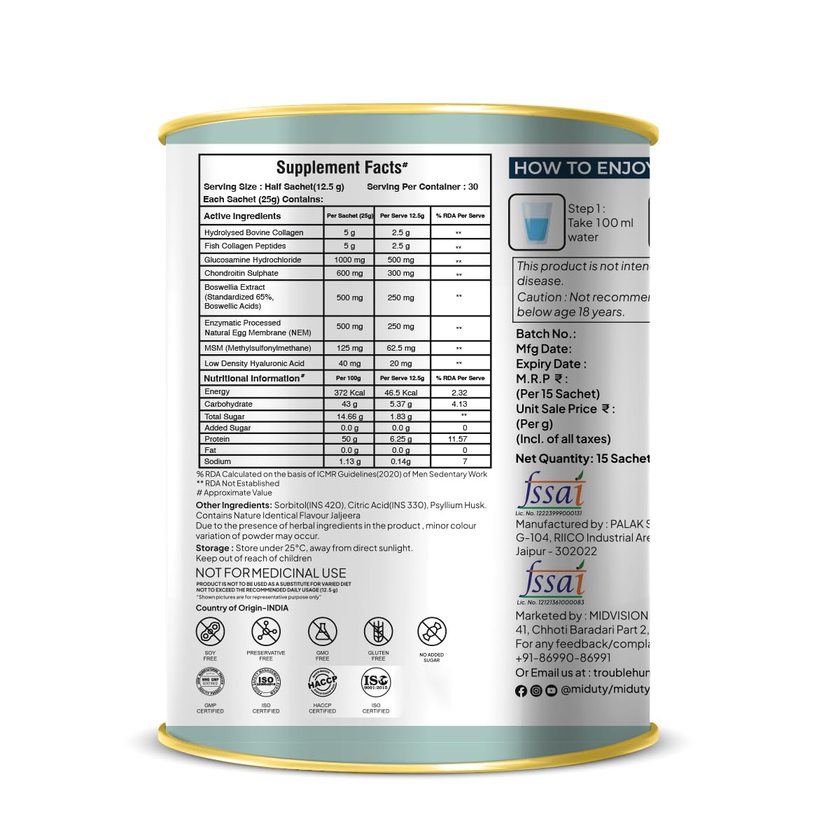 Zephivo Miduty By Palak Notes Build Joints Back For Rheumatoid Arthritis Supplement - Collagen Peptides Natural Egg Membrane, Boswellia and Glucosamine - Joint Pain Relief Supplement - 15 Sachets