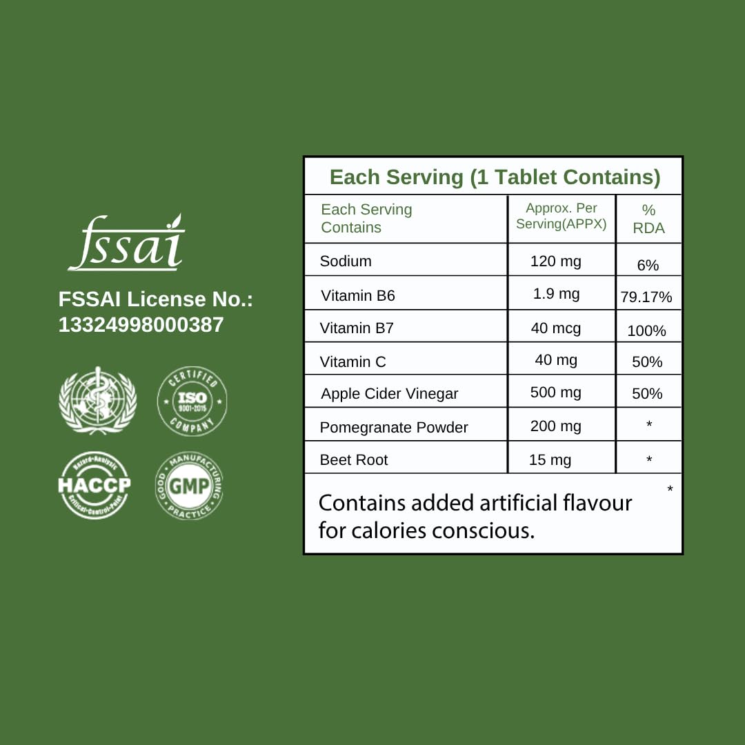 Apple Cider Vinegar Effervescent Tablet with 500mg ACV, Vit B6 & B12, Control Cravings I with Pomegranate & Beetroot I No Maltodextrin & No Added Sugar I 20 Effervescent Tablets - Green Apple (Pack of 1)