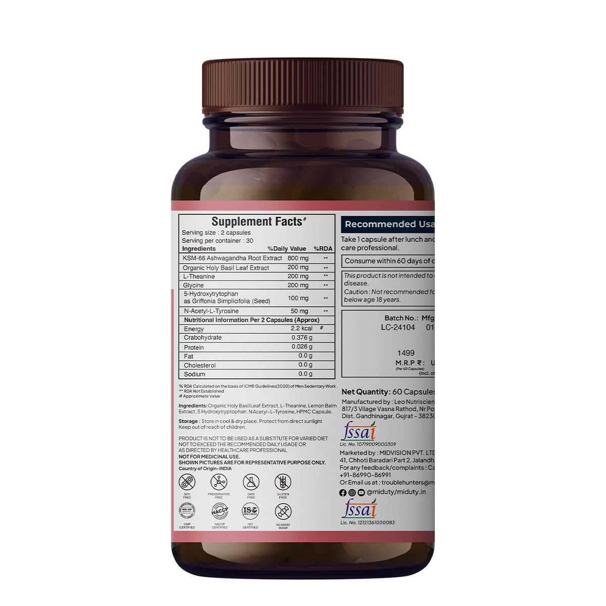 Zephivo Miduty by Palak Notes Anxiety Anger Mood Calm Supplement For Happy Mood, Anti Depressant - KSM - 66 Ashwagandha Root - 5 HTP - L Tryptophan - 60 Capsules