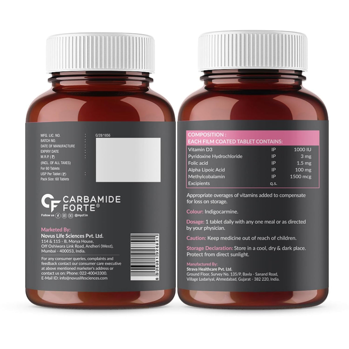Carbamide Forte Vitamin B12 1500mcg with Vitamin D3 | Vitamin B12 Supplements for Men & Women | Methylcobalamin 1500 mcg with Vitamin D Tablets - 60 Tablets