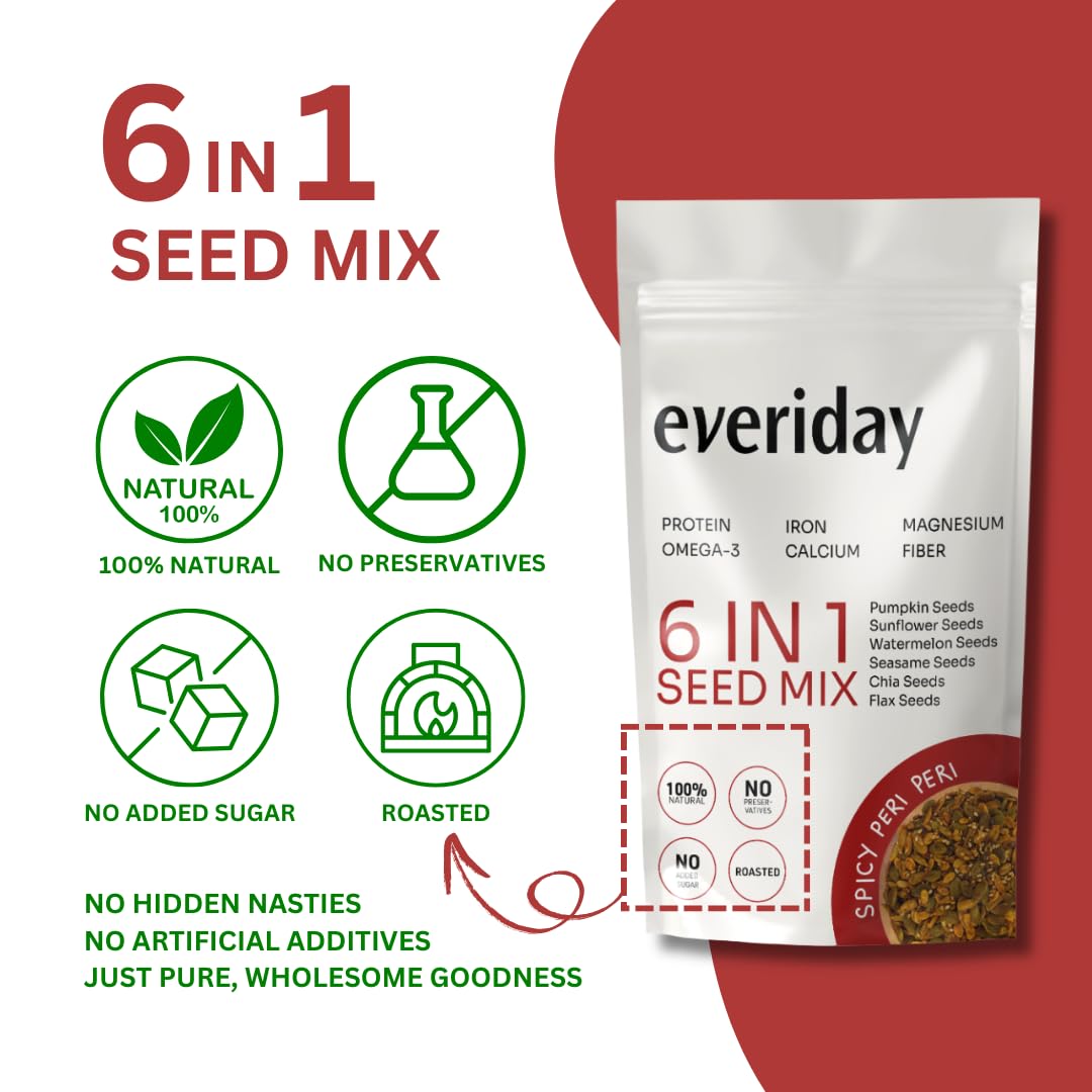 Everiday Spicy Peri Peri Roasted 6-in-1 Super Seed Mix | 250g | Pumpkin, Sunflower, Watermelon, Sesame, Chia & Flax | Healthy Crunchy Snack for Daily Nutrition | High Protein, Fibre & Omega-3 | Vegan & Gluten-Free