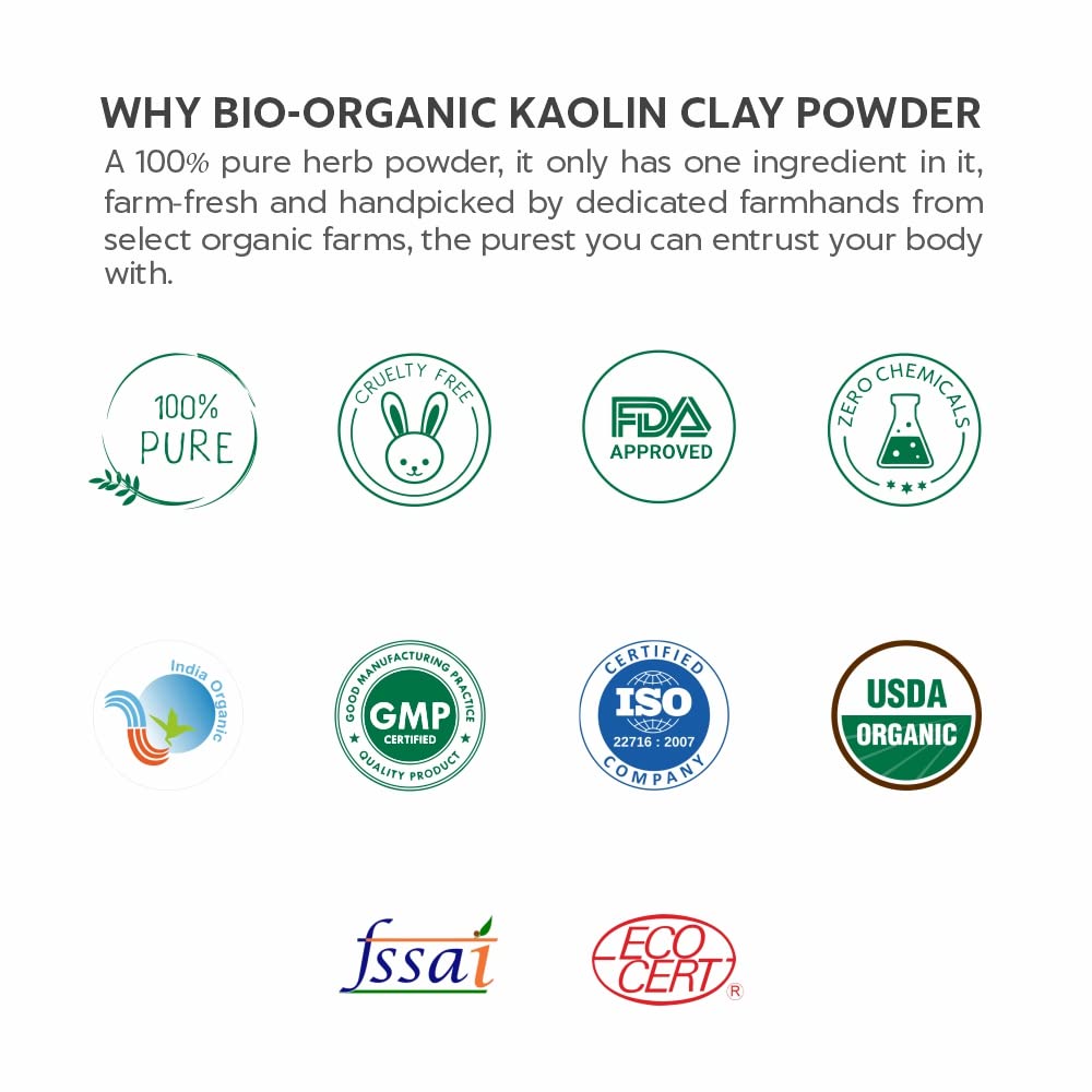 Certification logos for bio-organic kaolin clay powder on a white background