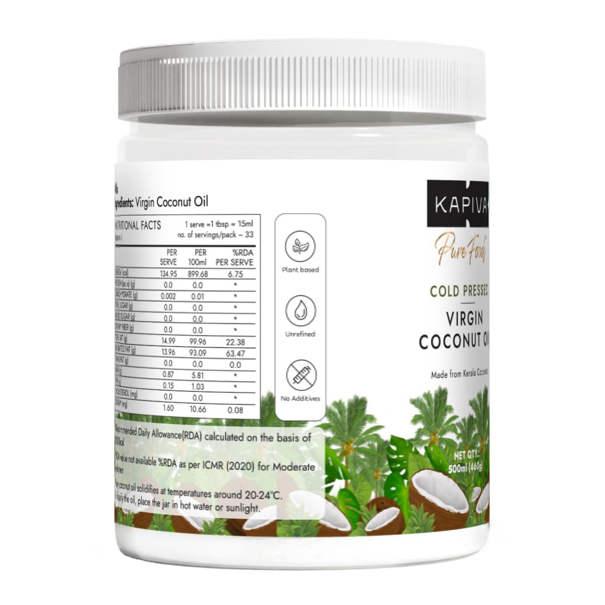 Kapiva Virgin Cold-Pressed Coconut Oil 500ml | 100% Pure, Unrefined, Organic & Edible | For Cooking, Skin & Baby Care, Oil Pulling | Coconut Oil For Hair | Keto Friendly