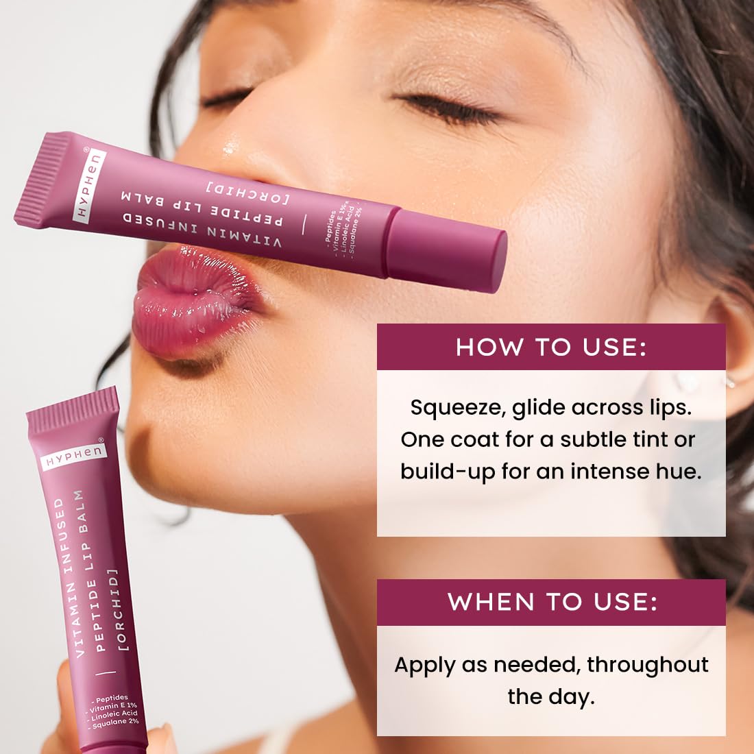 Lip balm packaging with application instructions on a close-up of a person's lips.