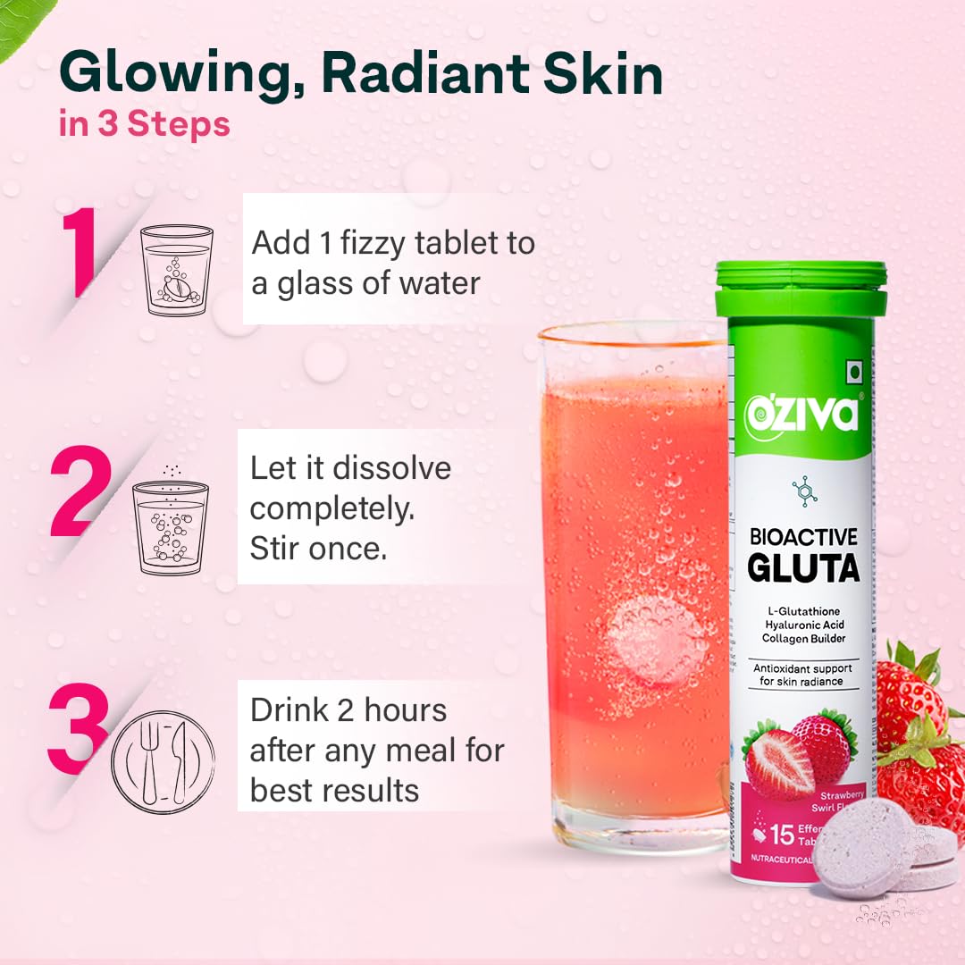 OZiva Bioactive Glutathione Tablets for Radiant Skin - 30 Effervescent Tablets (Pack of 2) | L-Glutathione, Lycopene, Vitamin C for Skin Glow & Anti-Pigmentation