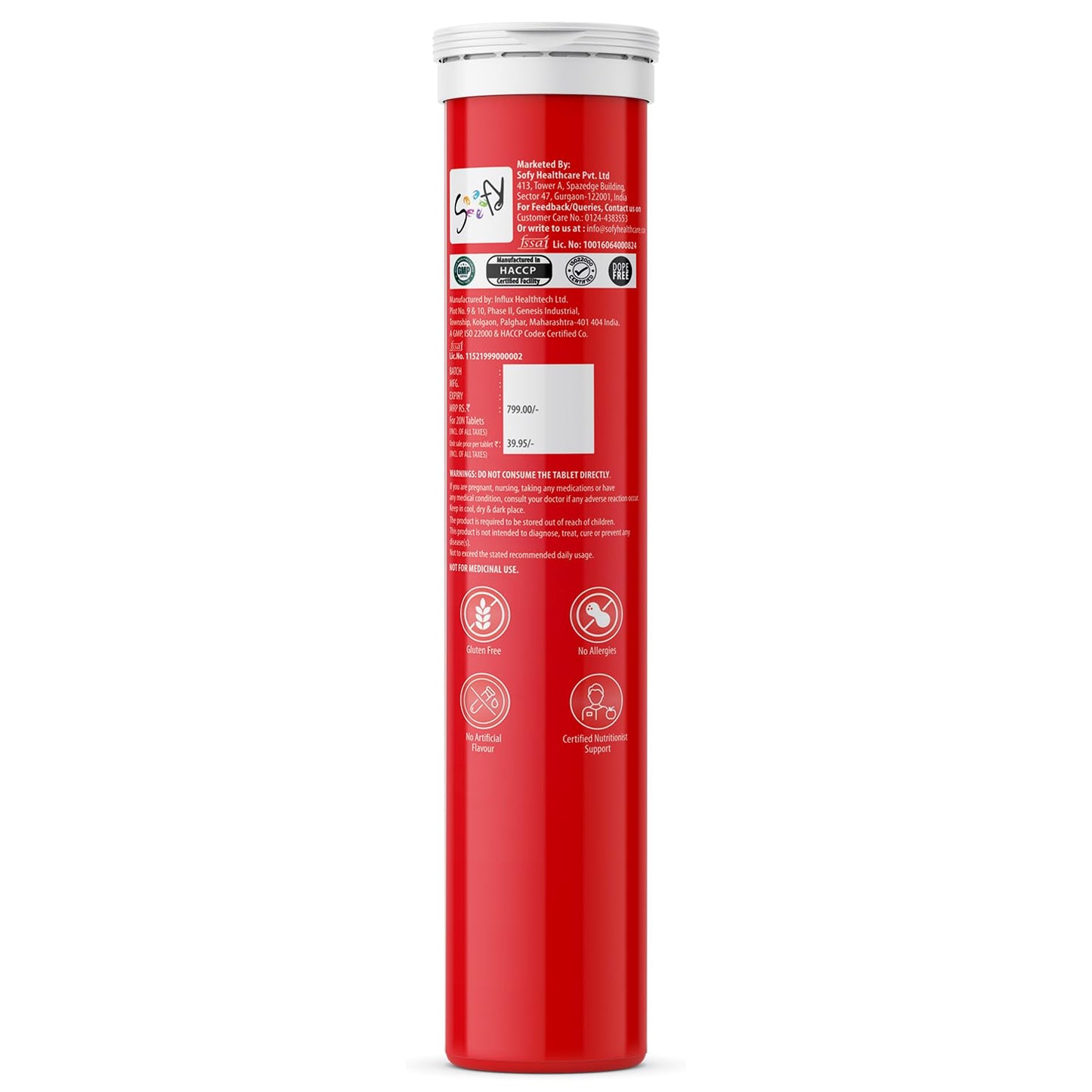 Red supplement tube with white label on a white background