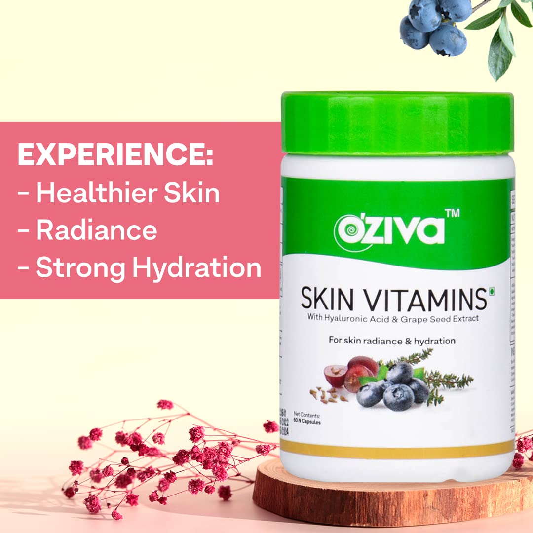 OZiva Skin Vitamins 60 Capsules for Men & Women (with Hyaluronic Acid, Vitamin E & C for Radiant Skin & Hydration, Certified Clean & Vegan, 50 grams