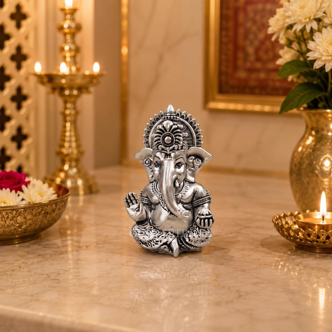 Gold Art India Ganesh Idol 999 Silver Plated Antique Matte | 3 x 2 Inch Ganesha Murti with Peacock Blue Velvet Gift Box | Home Temple, Office Desk & Spiritual Gift