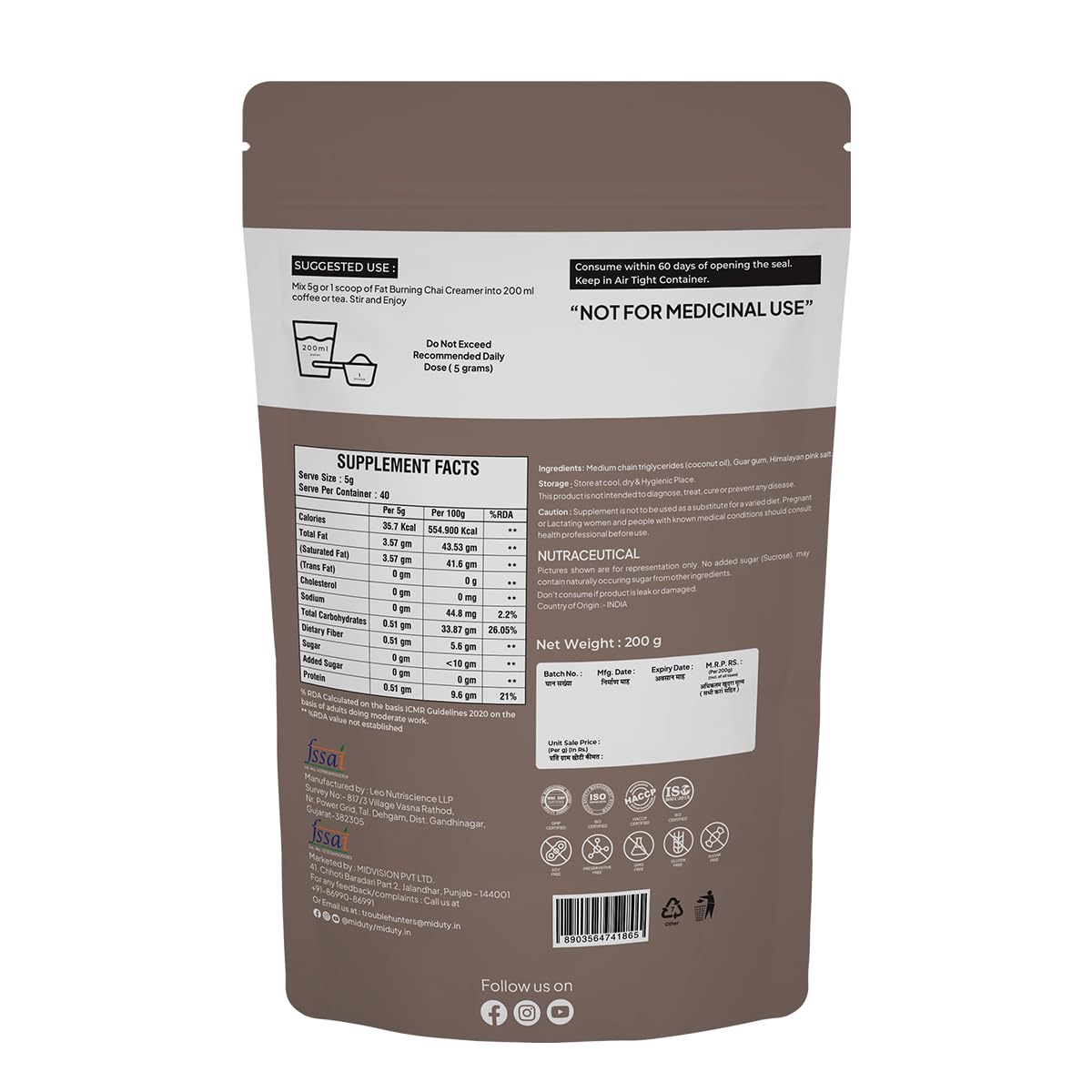 Zephivo Miduty by Palak Notes Fat Burning Chai Creamer - Fat Burning - Metabolism - Fat loss - Weight management - Diabetes care - Medium Chain Triglyceride MCT Powder 200g (1)