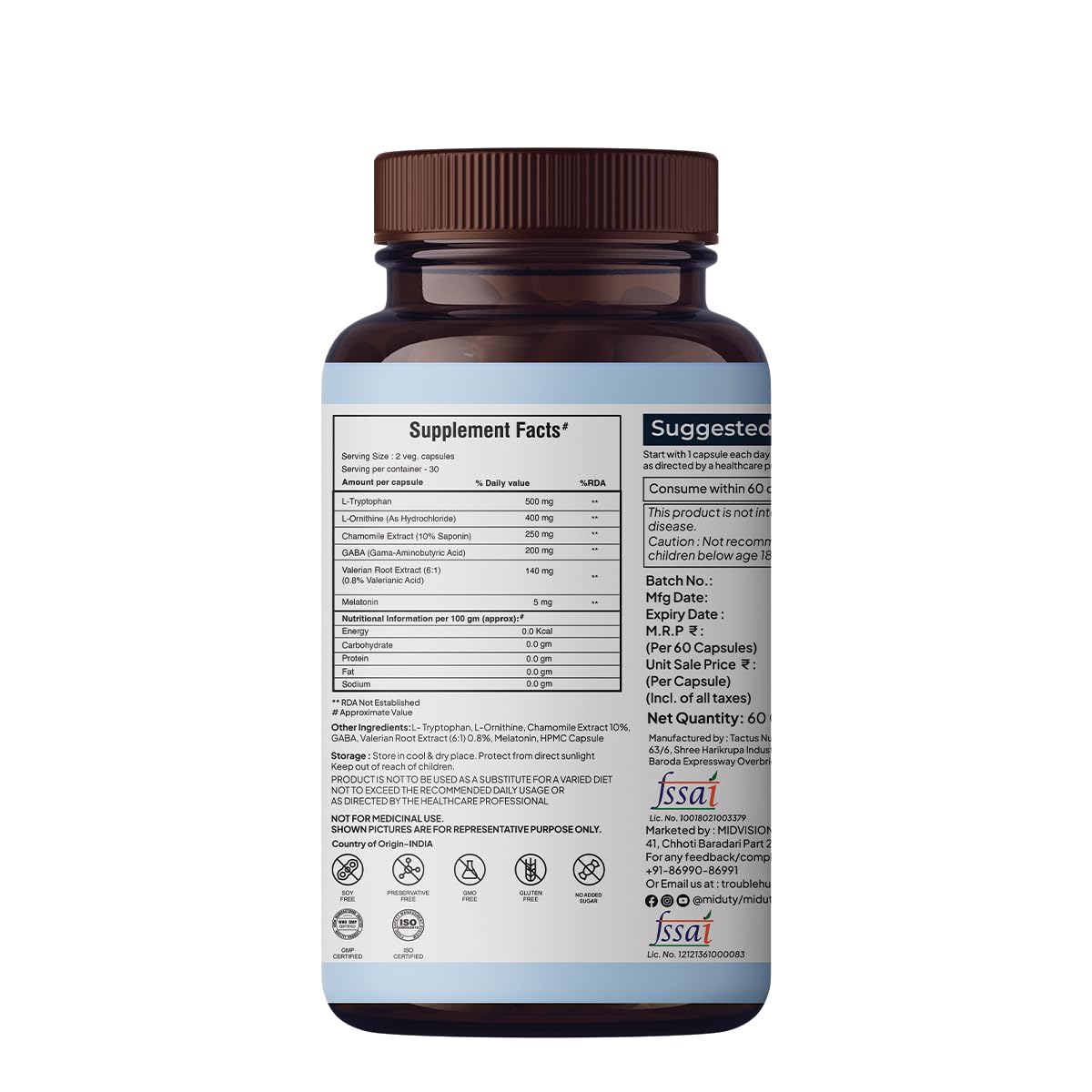 Zephivo Miduty by Palak Notes Sleep Well Capsules - Melatonin - Promote Restful Sleep - Helps in Deep Sleep - Refreshing Night Rest- Pack of 60 Capsules