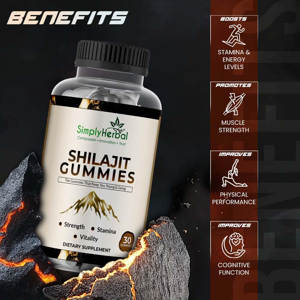 Simply Herbal Shilajit Gummies bottle with benefits listed on a dark background